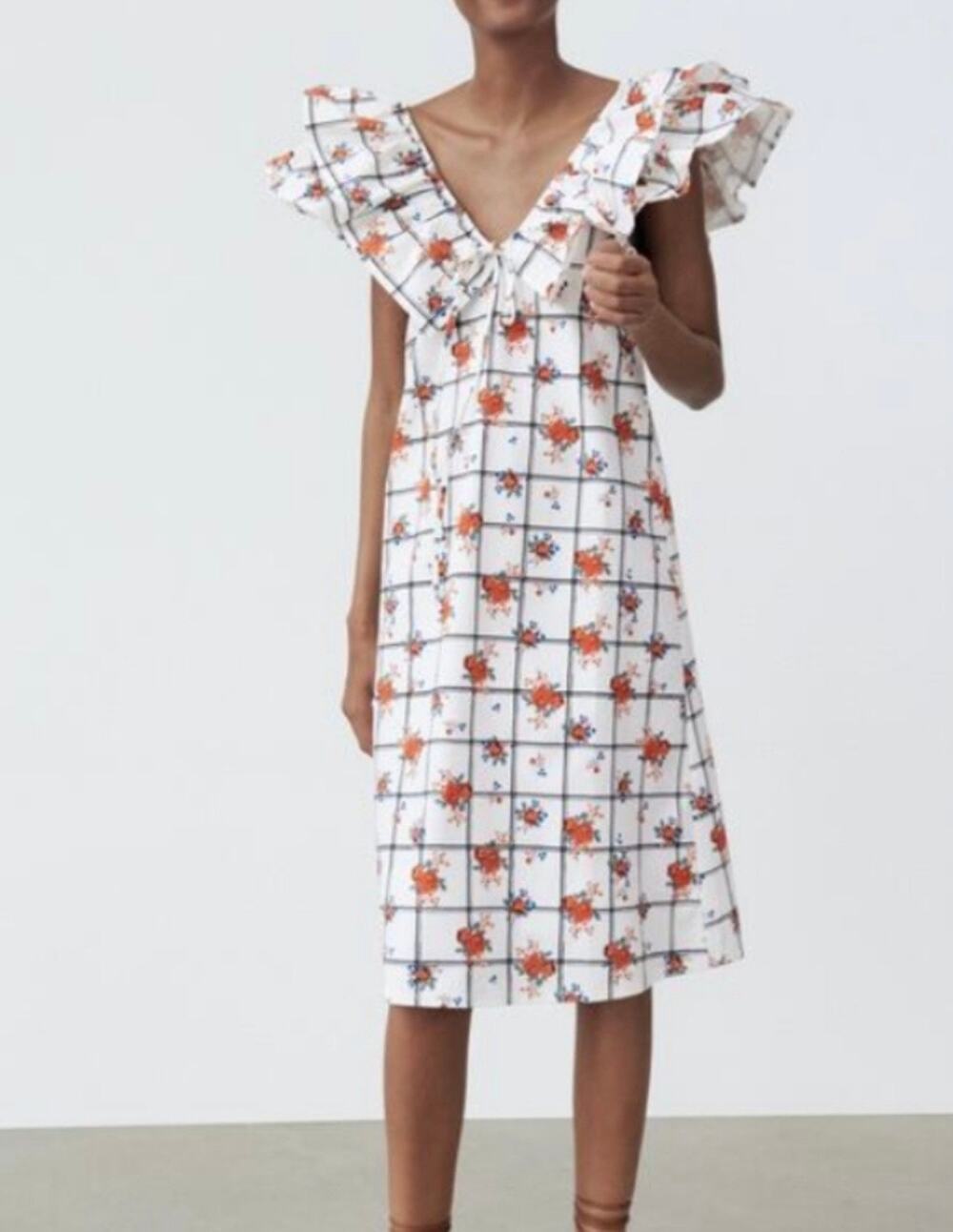 Zara Floral Ruffle Sleeve Midi Dress White Orange Rose Lattice Print Women’s S